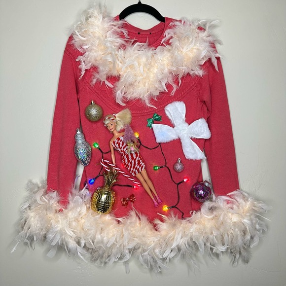 Ugly Christmas Sweater Sweaters - Ugly Christmas Sweater Barbie LIGHTS UP Tacky Tinsel Xmas Party Winner Sz Small